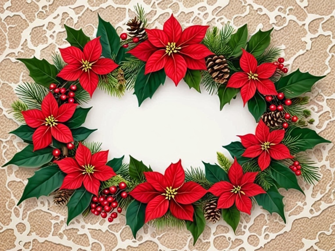 Close-up of an ornate holiday wreath with poinsettias