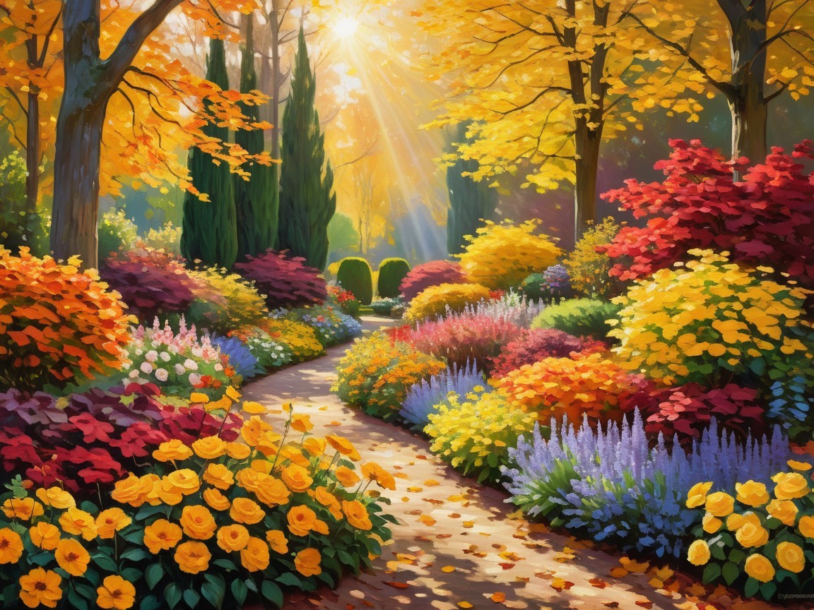 Vibrant Autumn Garden with Colorful Flowers and Trees