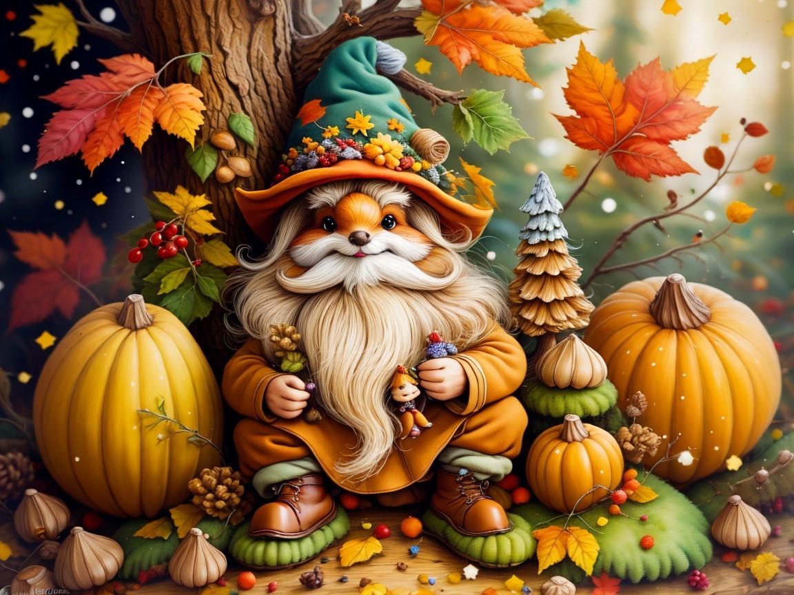 Whimsical Gnome Surrounded by Autumn Elements
