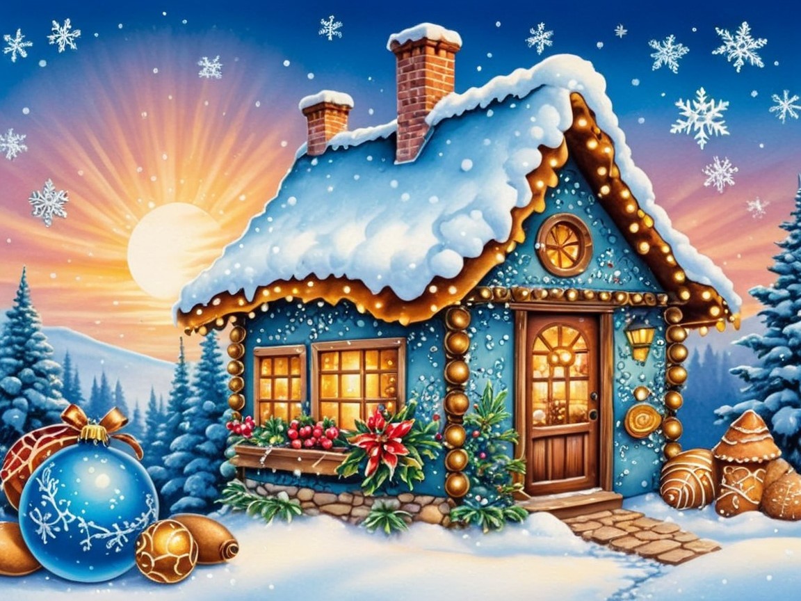 Winter Cottage with Snow and Holiday Decorations