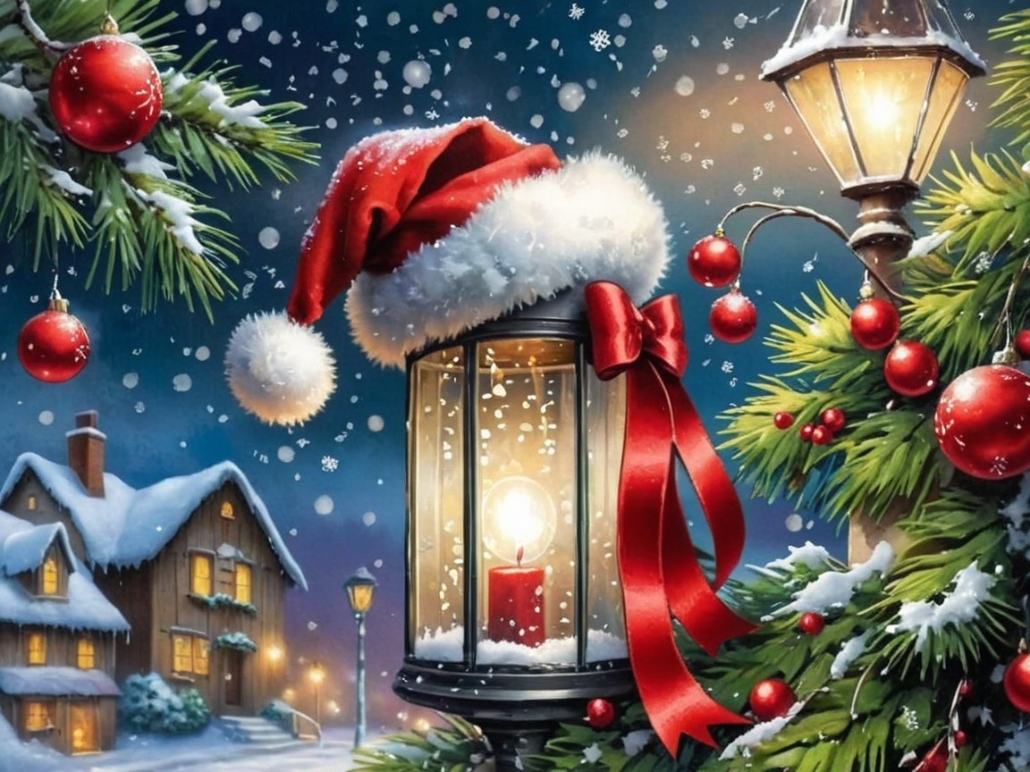 Festive Lantern and Snowy Winter Night Scene