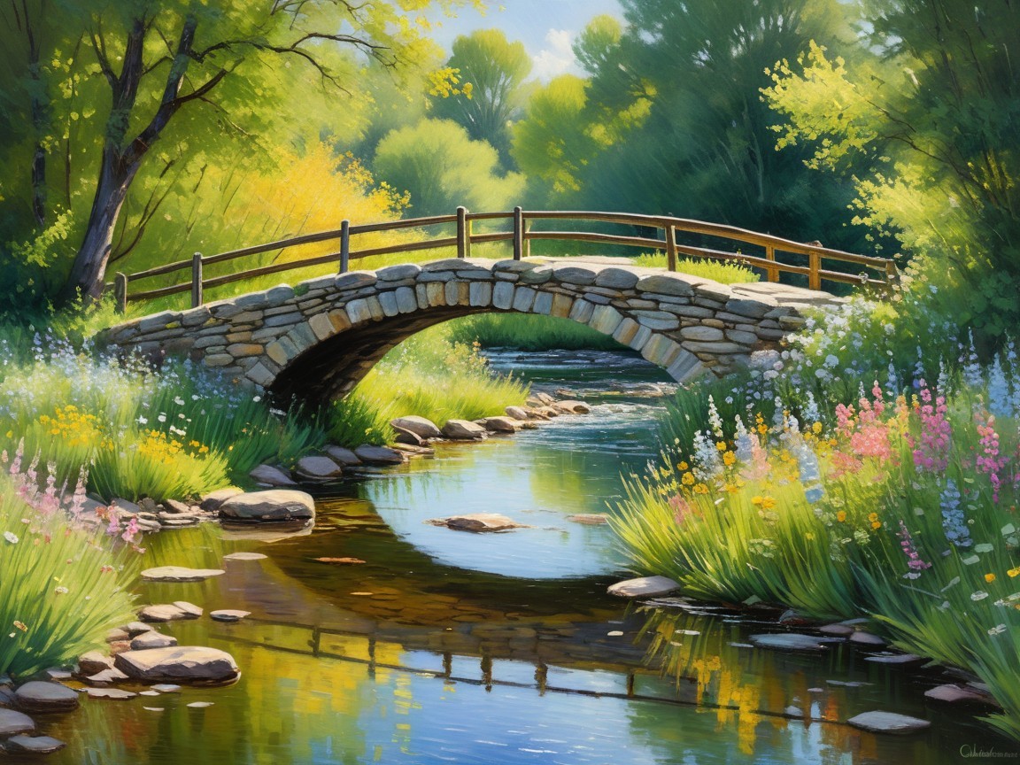 Serene Landscape with Stone Bridge and Gentle Stream