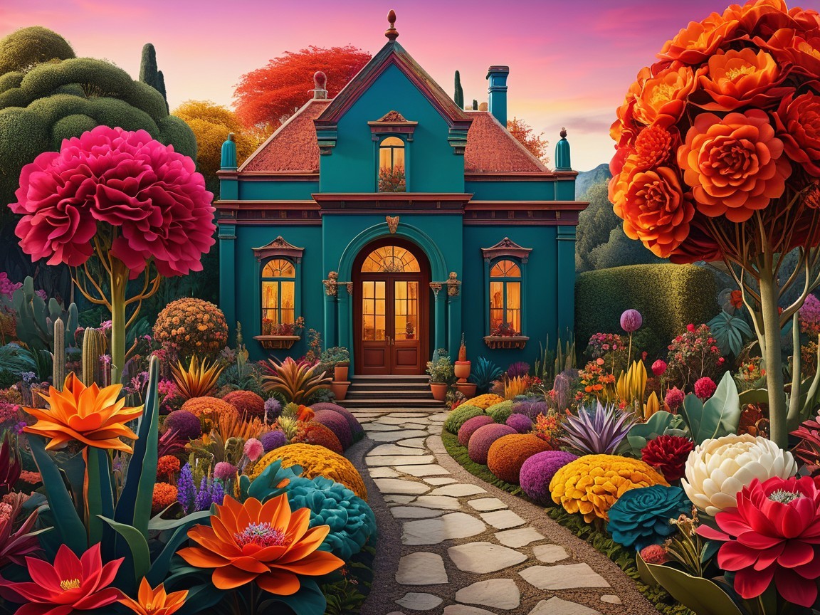 Teal Cottage Surrounded by Vibrant Flower Garden