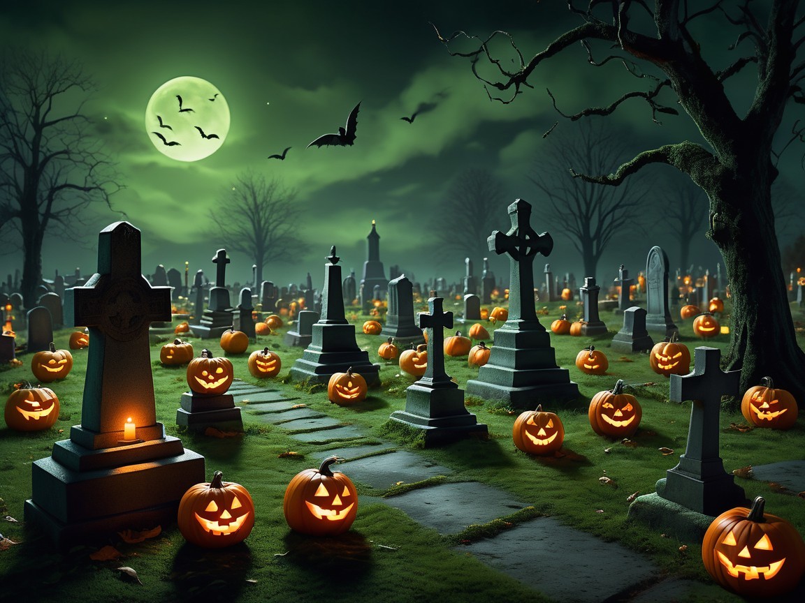 Misty Graveyard Scene with Full Moon and Jack-o'-Lanterns
