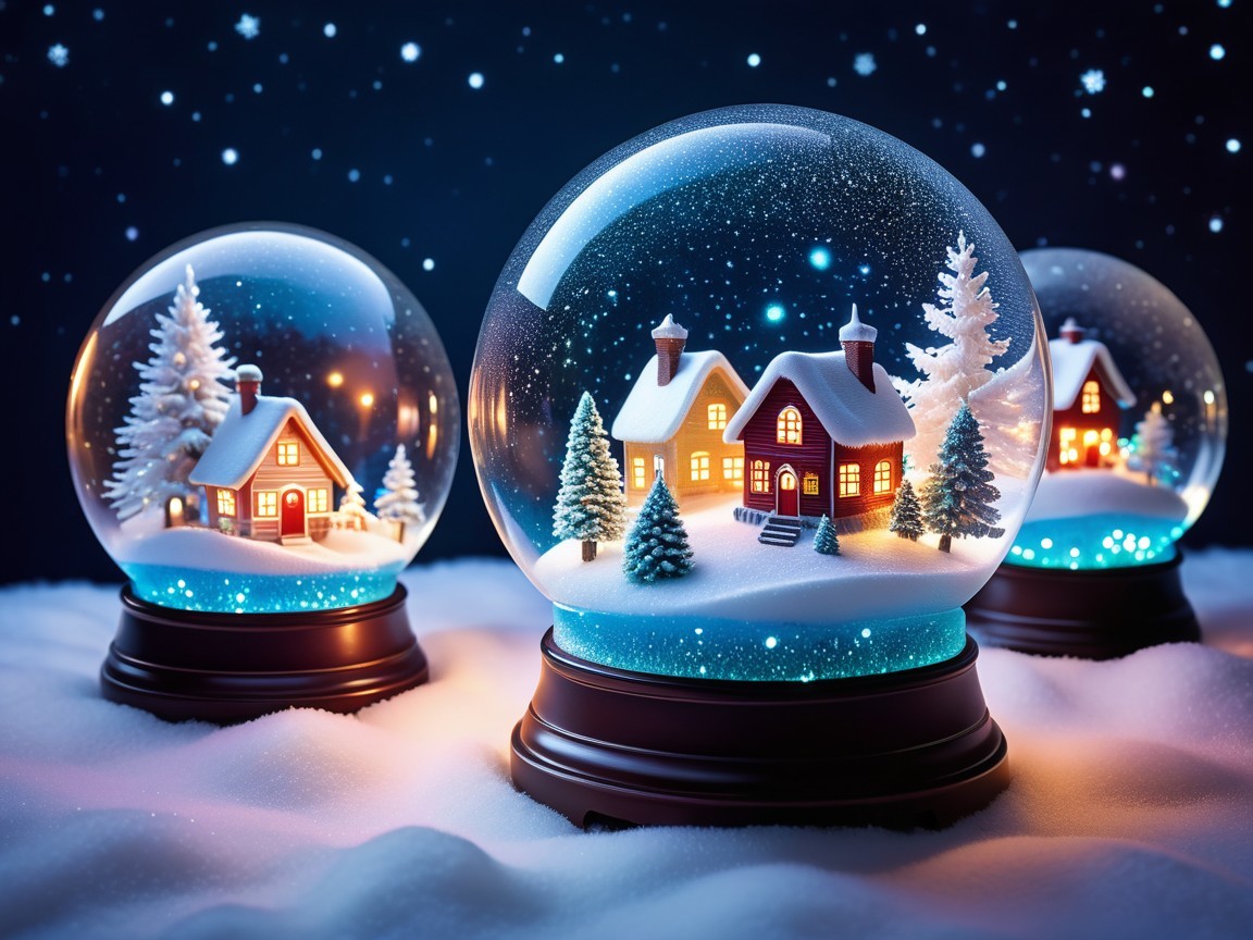Snow Globes with Cozy Cottages and Winter Scene