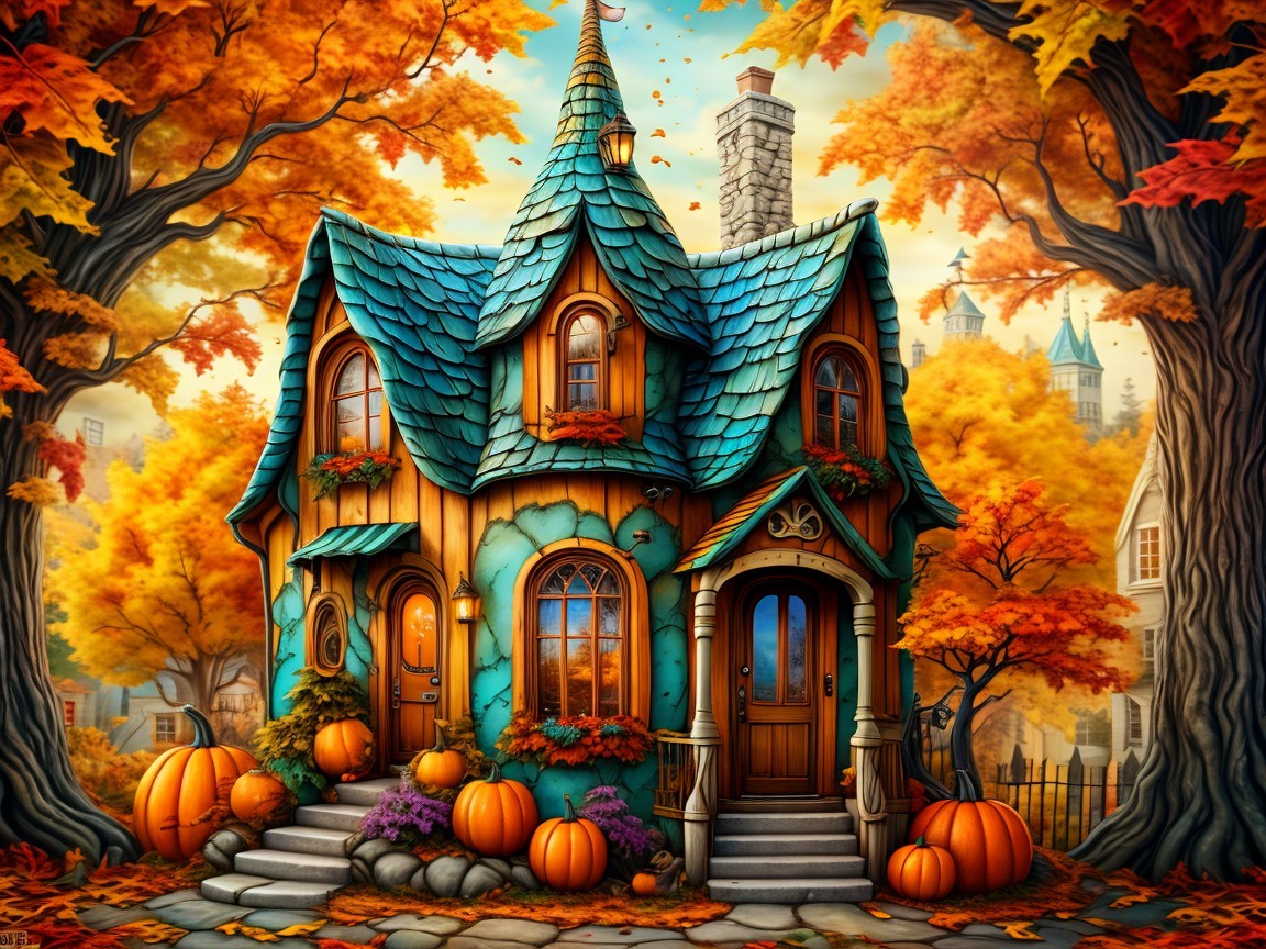 Whimsical Cottage Surrounded by Autumn Foliage
