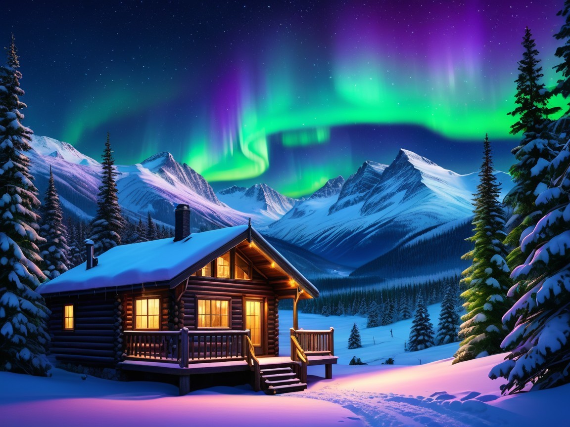 Cozy Log Cabin in a Winter Wonderland with Auroras