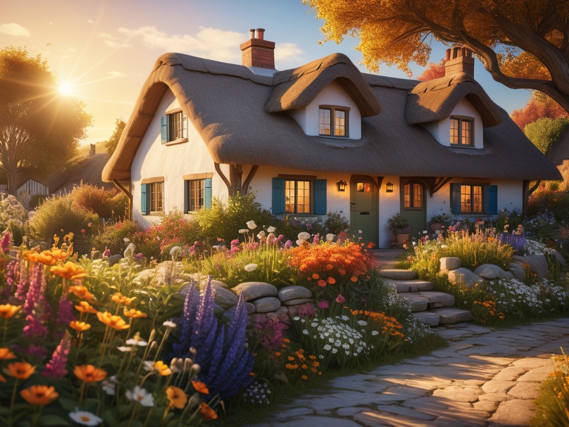 Thatched-Roof Cottage Surrounded by Colorful Garden