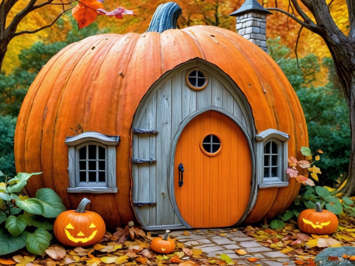 Whimsical Pumpkin-Shaped House in Autumn Foliage