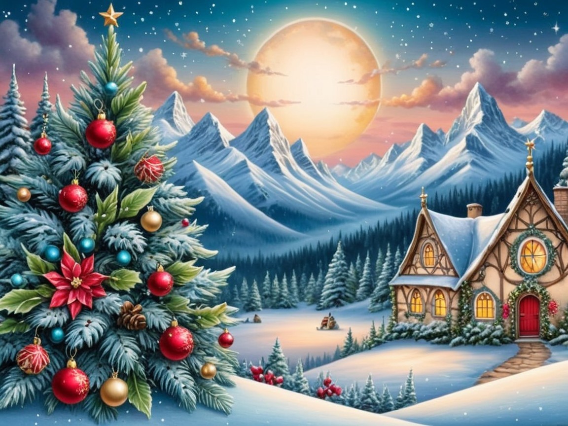 Winter Cottage Scene with Snowy Mountains and Moonlight