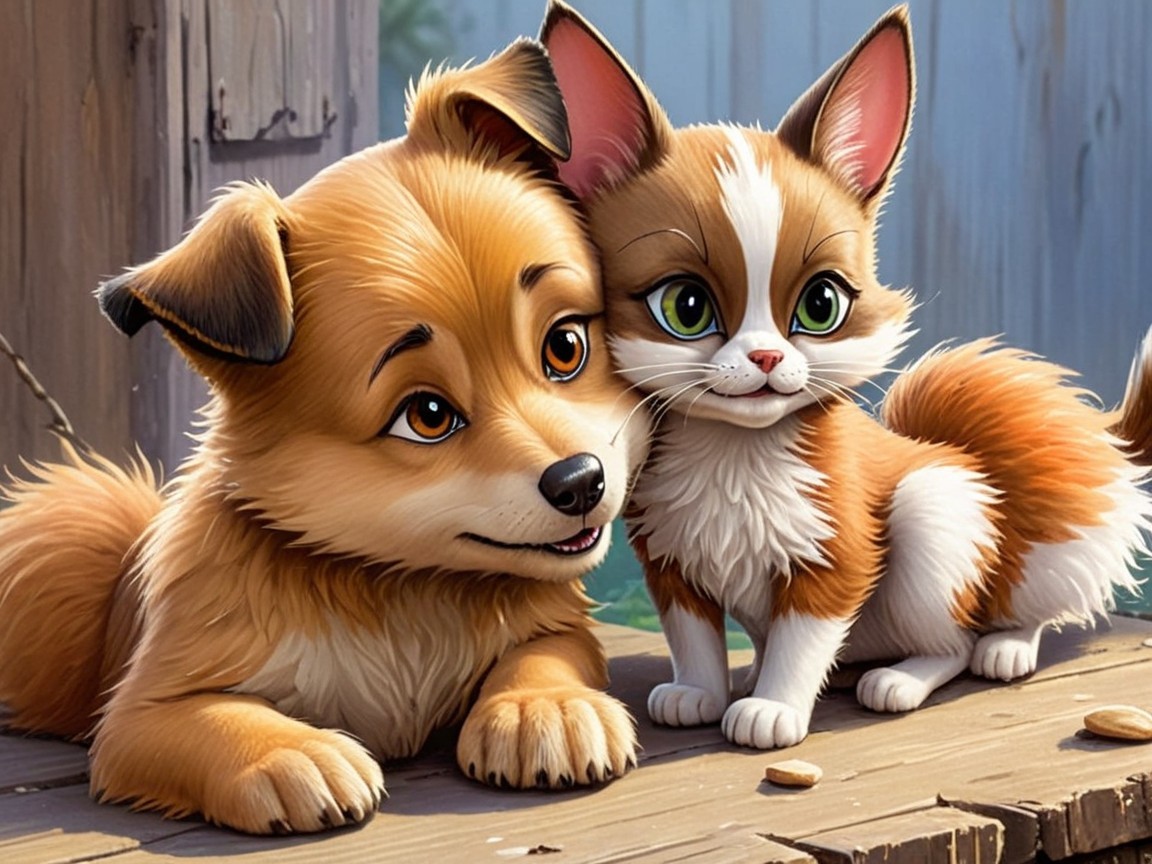Animated Puppy and Kitten Snuggling on Wood Surface