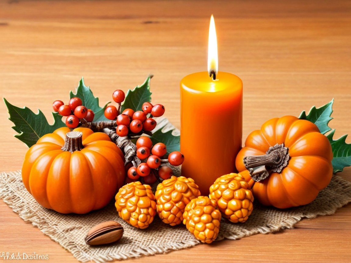 Warm Autumn Display with Candle and Pumpkins