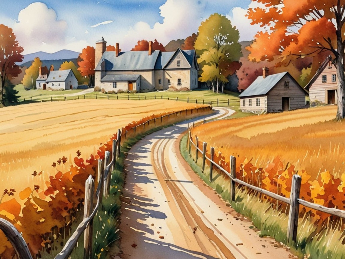 Autumn Landscape with Winding Road and Farmhouse