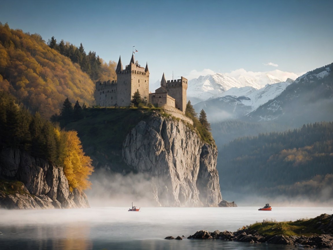 Castle on Cliff Surrounded by Autumn Forests and Water