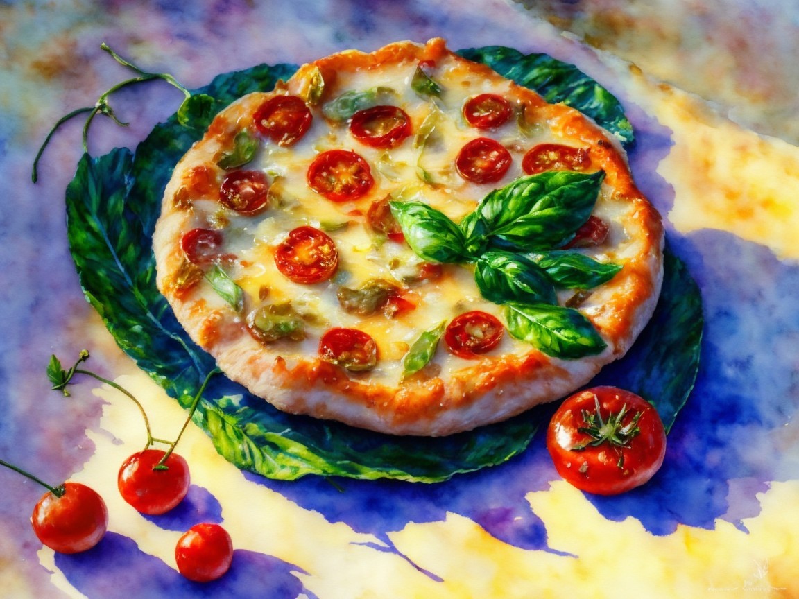 Vibrant Watercolor of Freshly Baked Pizza with Toppings