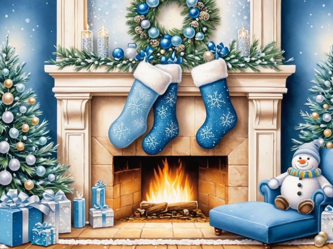 Festive Fireplace with Snowflake Stockings and Trees