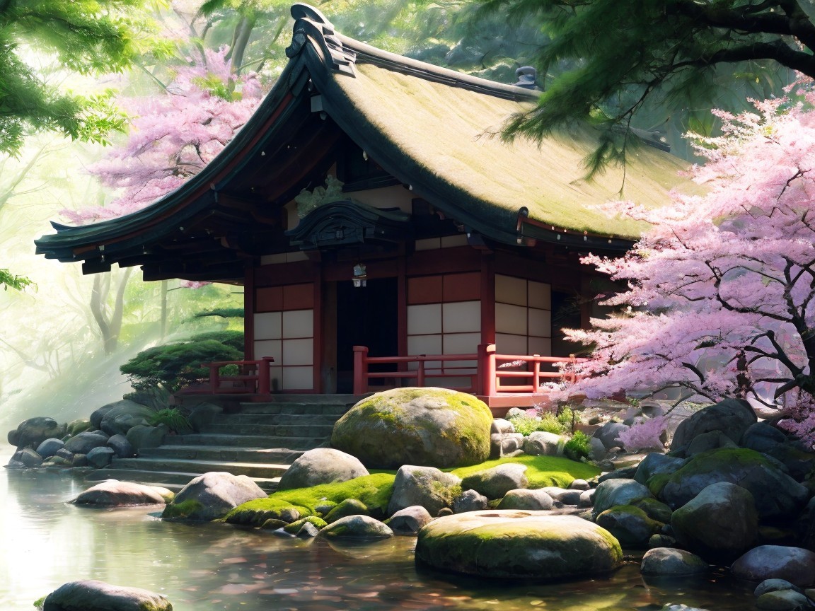 Serene Japanese Temple Surrounded by Cherry Blossoms