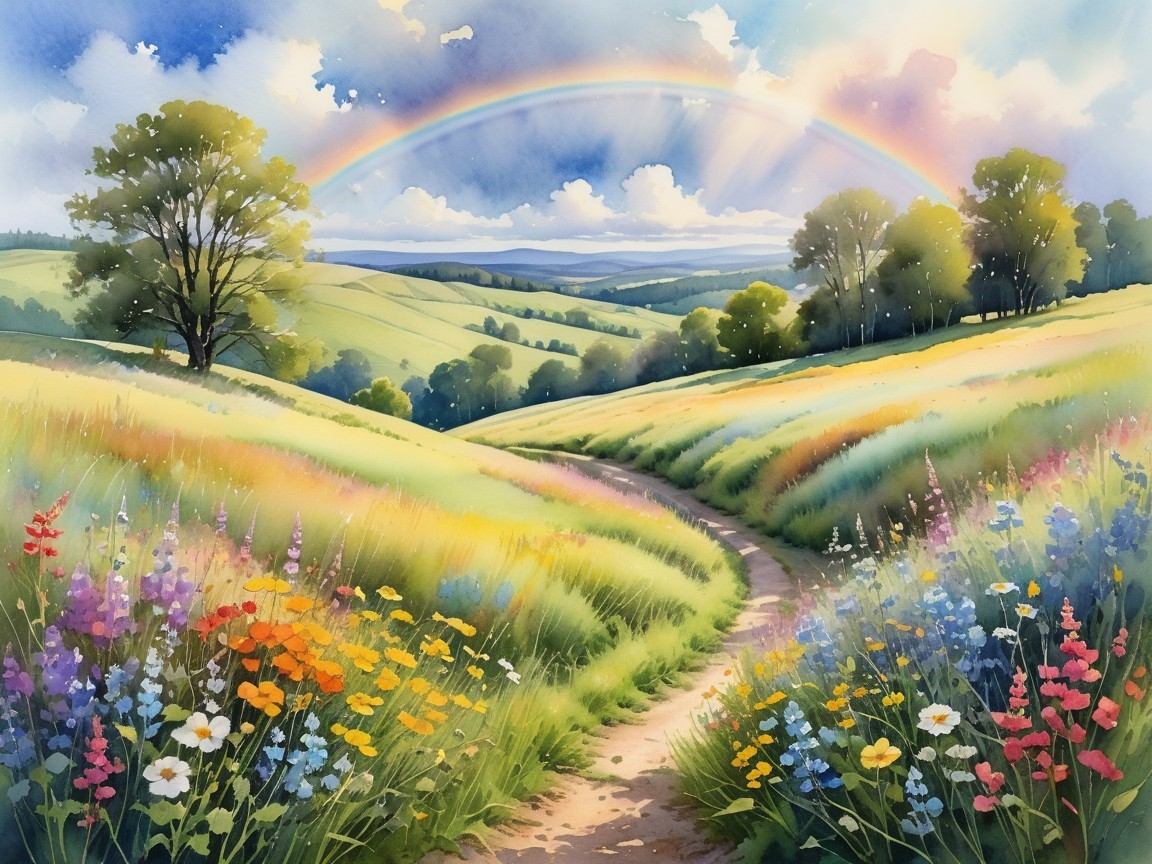 Vibrant Landscape with Rolling Hills and Rainbow