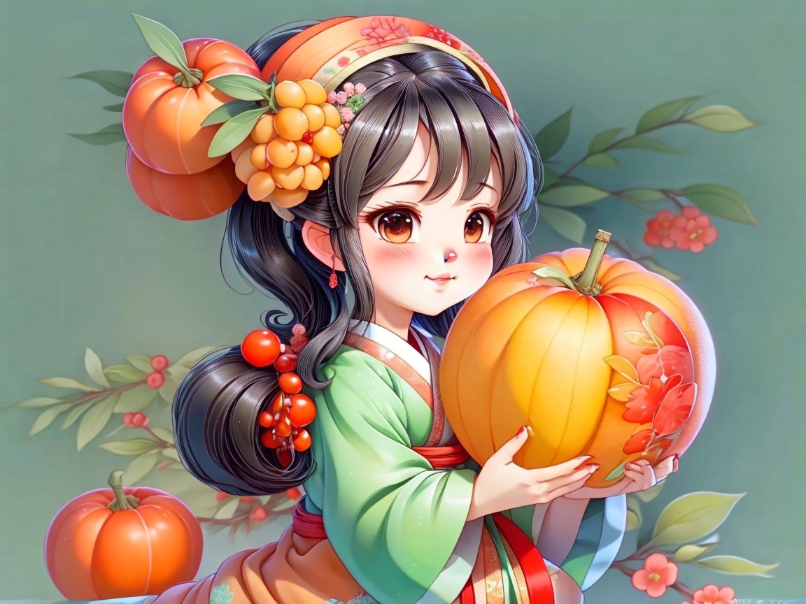 Young girl in traditional outfit with vibrant pumpkin