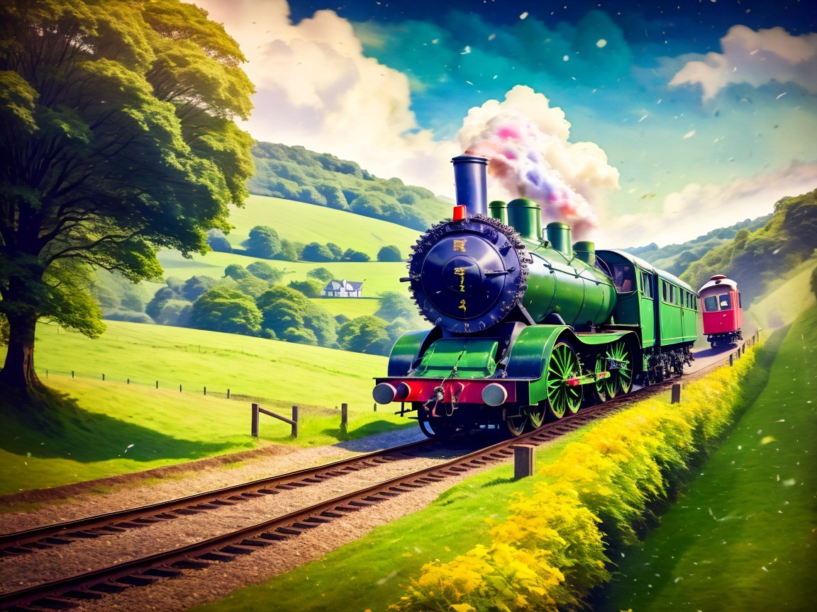 Classic Steam Train in Scenic Countryside Setting