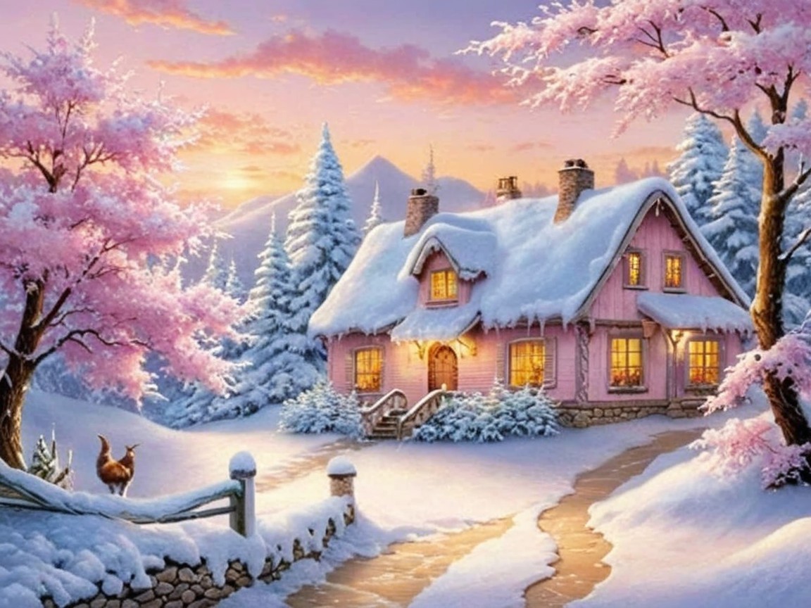 Snowy Winter Wonderland Landscape with Pink House