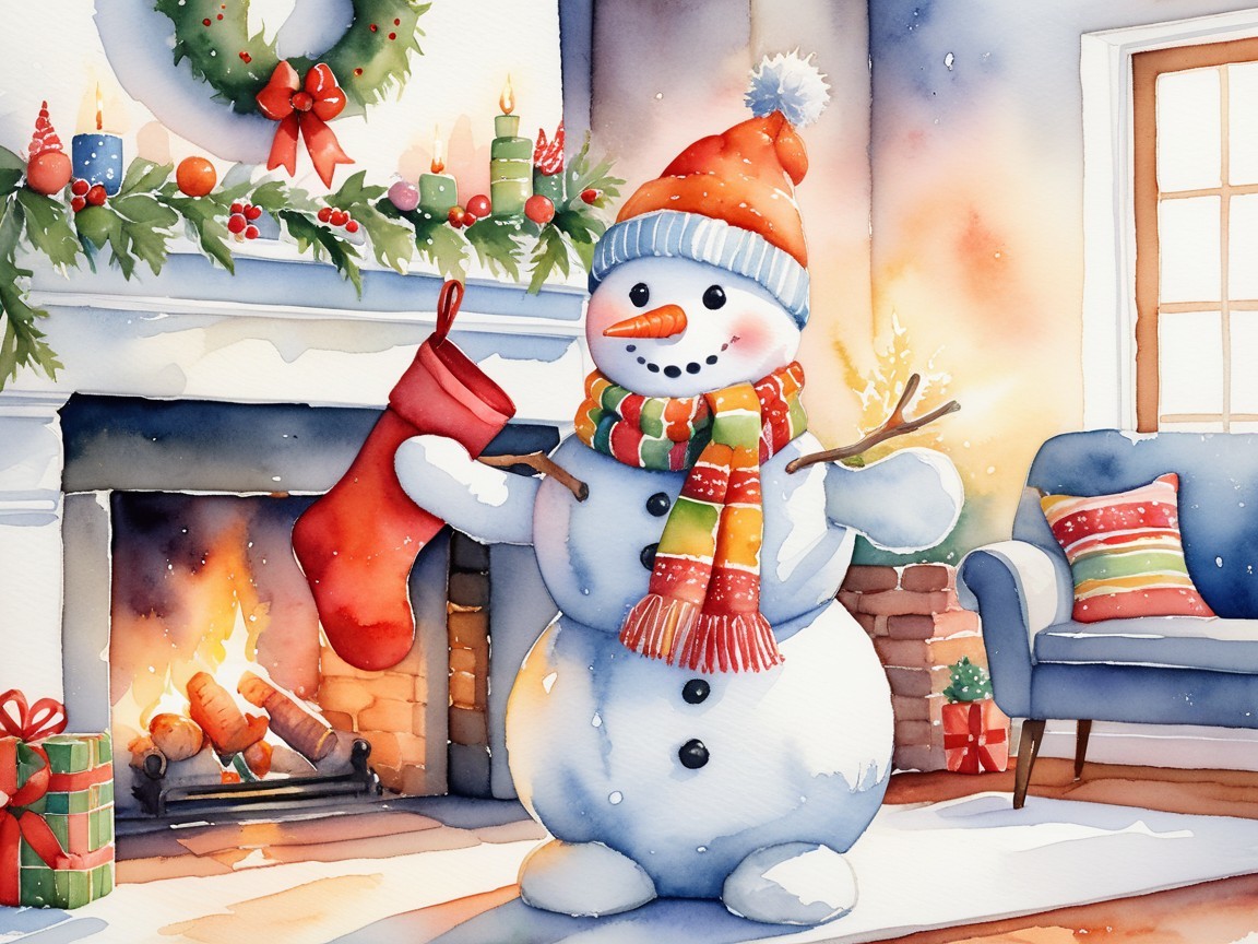 Cheerful Snowman in Cozy Holiday Living Room