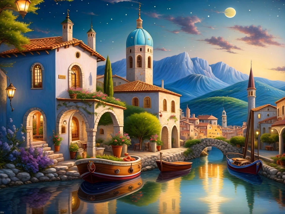 Mediterranean Buildings by Canal Under Twilight Sky