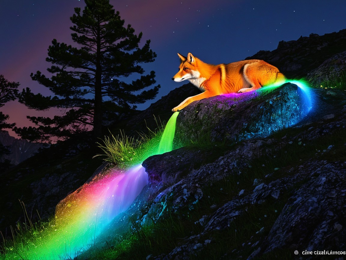 Fox on Rocky Outcrop Under Rainbow Light and Stars