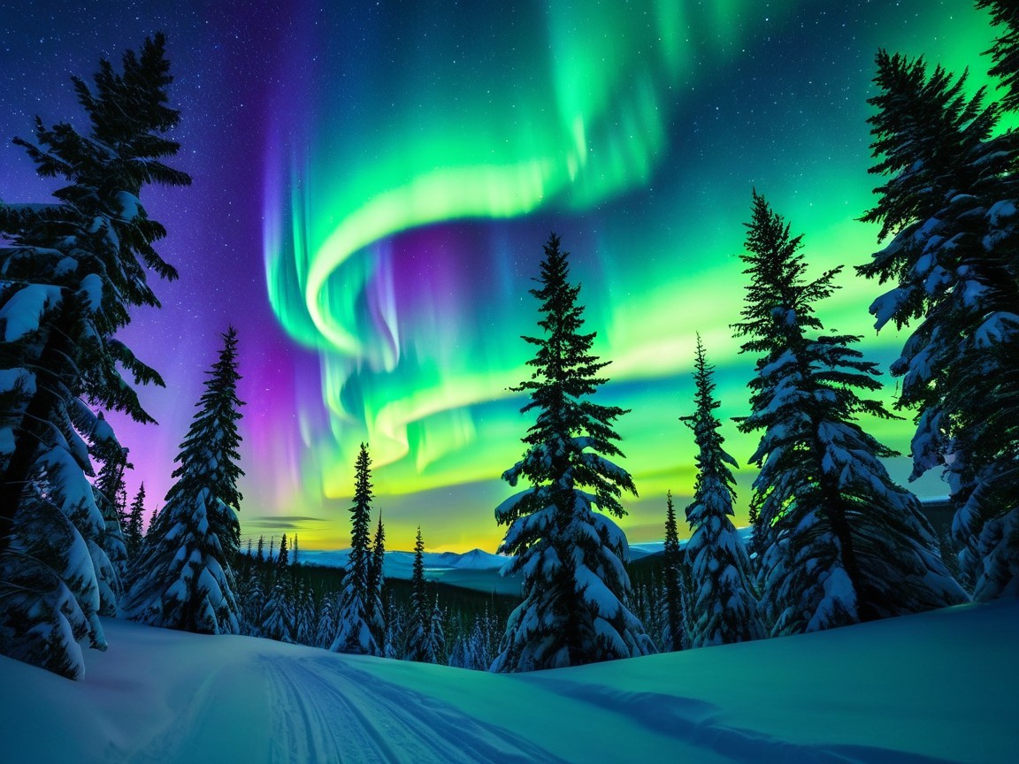 Northern Lights Over Snowy Landscape with Evergreen Trees