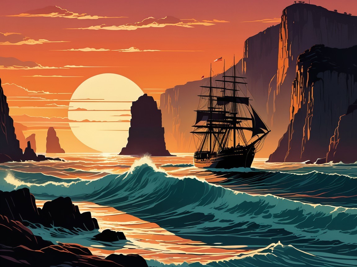 Sailing Ship in Vibrant Waters at Sunset