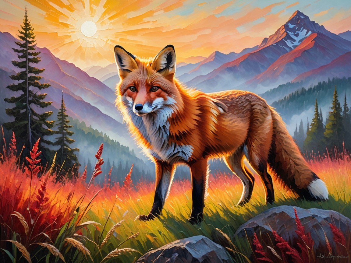Majestic Red Fox in Vibrant Sunset Landscape