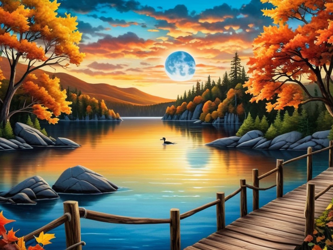Tranquil Lakeside Scene with Autumn Foliage at Dusk