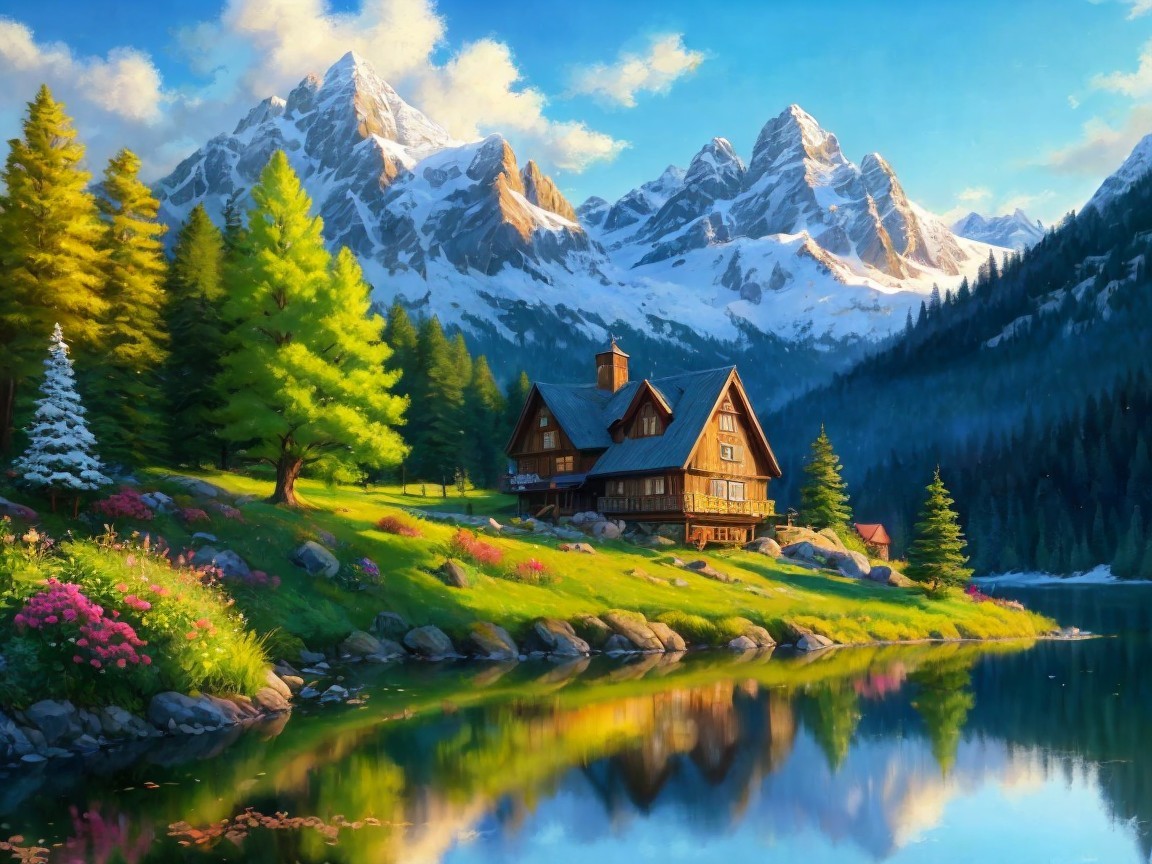 Serene Mountain Landscape with Wooden Cabin and Lake