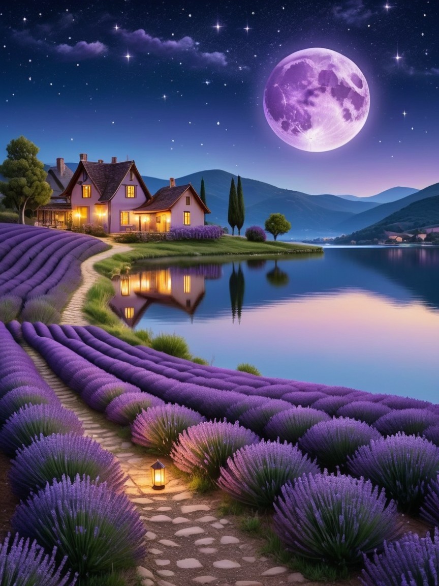 Cottage by Lake with Lavender Fields and Purple Moon
