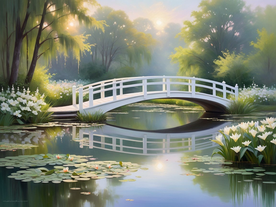 Serene Landscape with White Bridge and Tranquil Pond