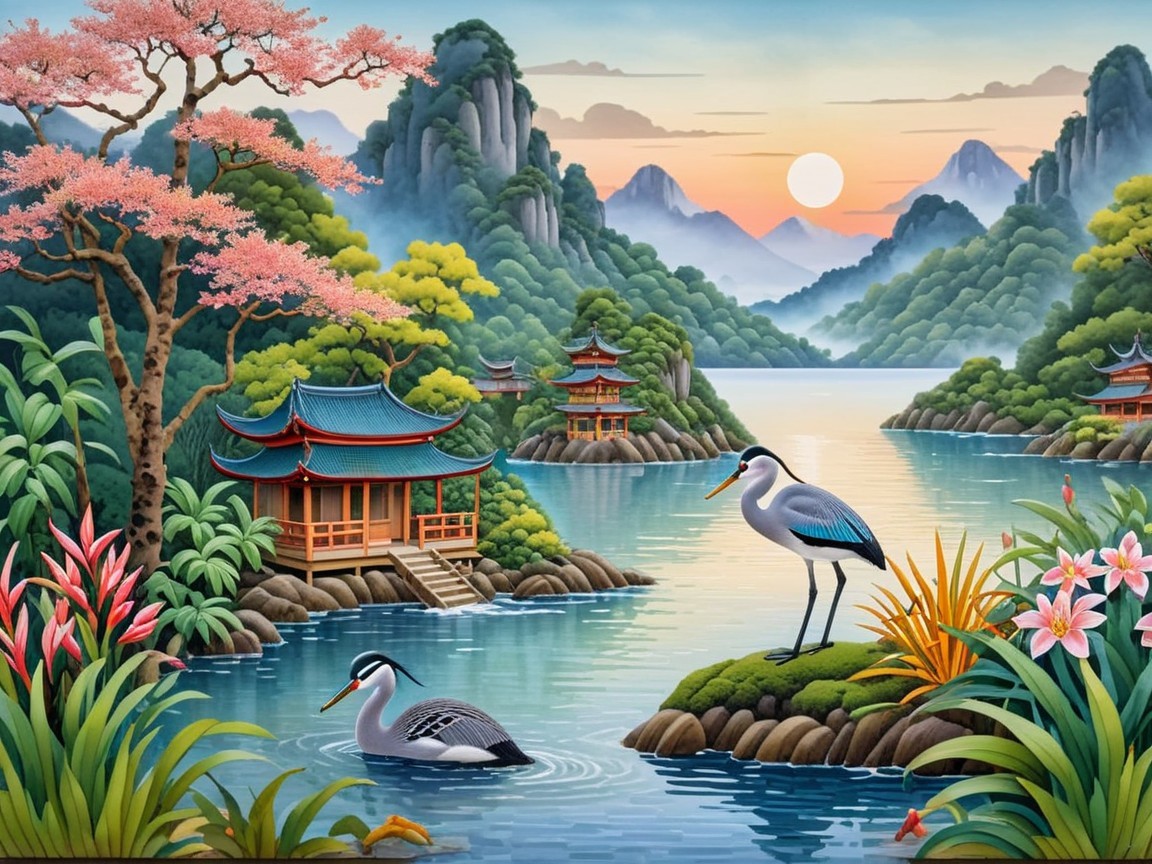 Tranquil Japanese Landscape with Lake and Cherry Trees