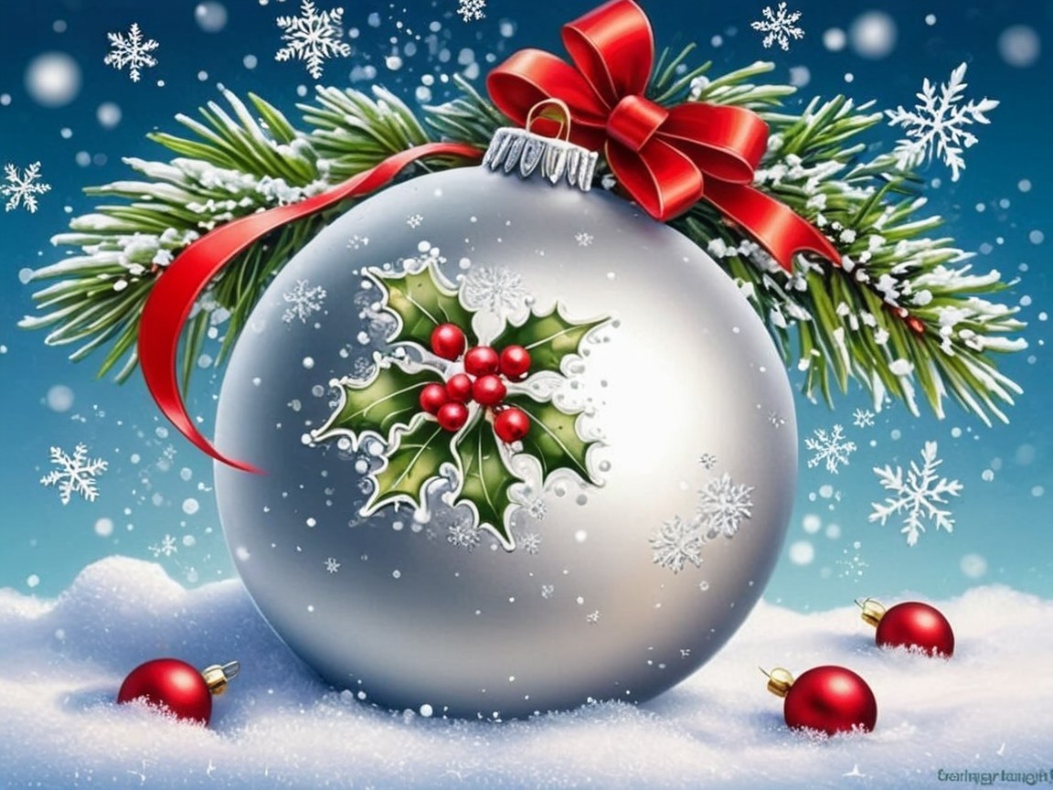 Christmas Scene with Silver Ornament in Snow