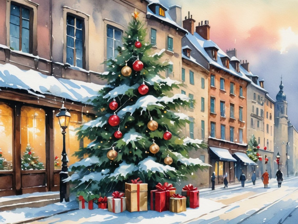 Winter Street Scene with Christmas Tree and Snowfall