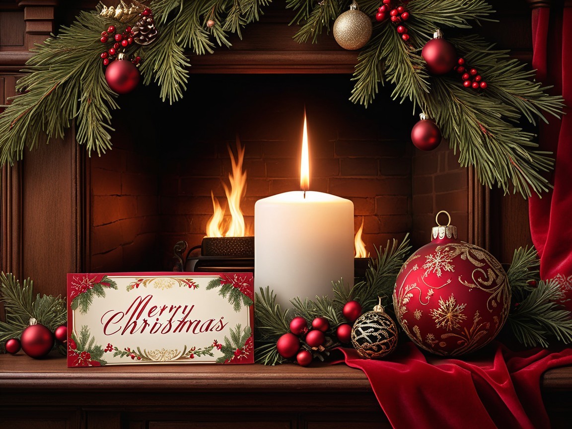 Christmas Mantelpiece with Candle and Ornaments