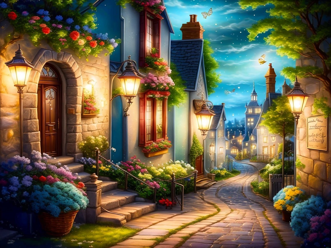 Charming Cobblestone Street at Dusk with Lamplight