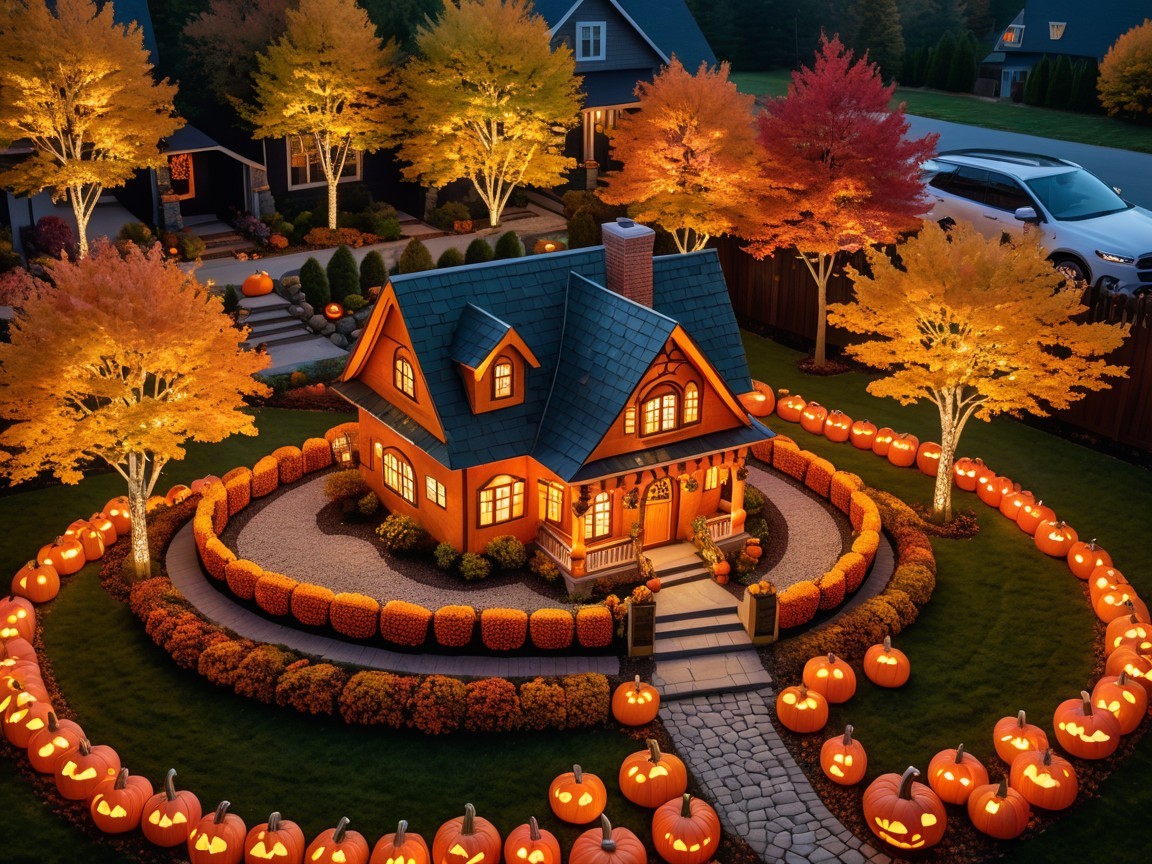 Charming House Surrounded by Autumn Trees and Pumpkins