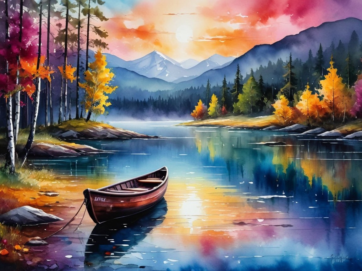 Autumn Landscape with Tranquil Lake and Mountains