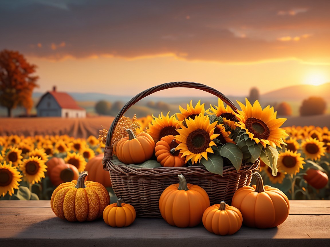 Rustic Basket with Sunflowers and Pumpkins at Sunset