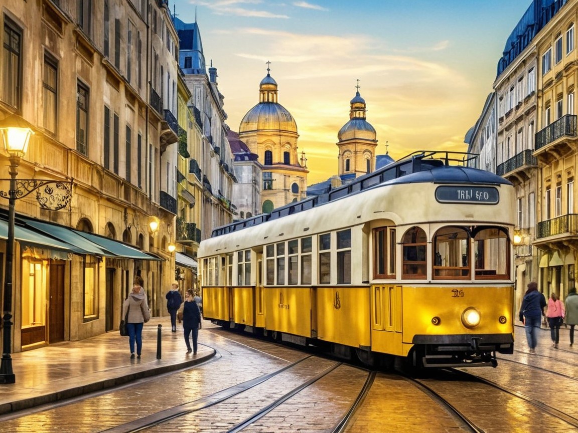 Vintage Yellow Tram on Cobblestone Street at Sunset