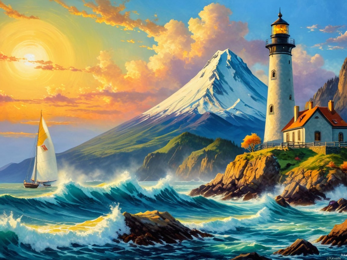 Coastal Scene with Lighthouse, Cottage, and Sunset
