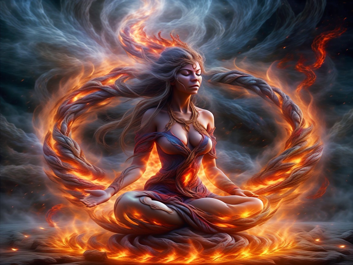 Mystical Figure Meditating Amidst Fiery Energy