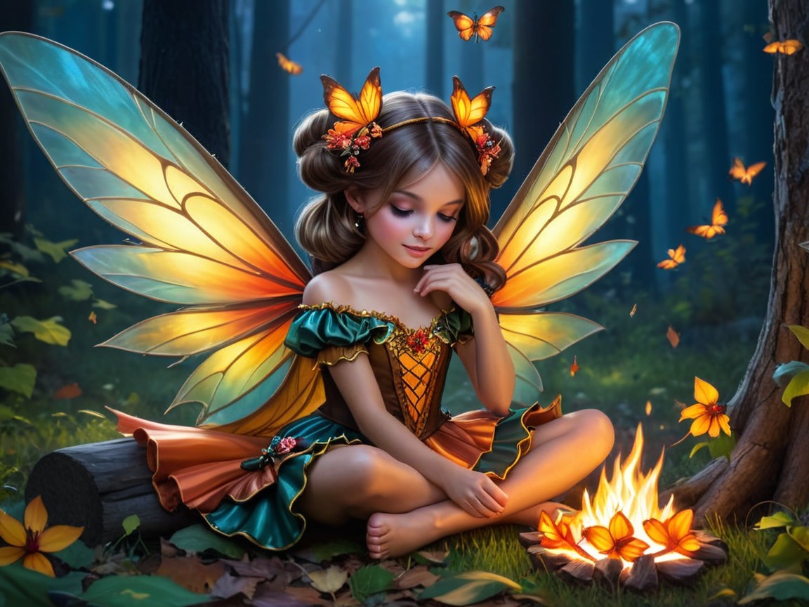 Fairy with Translucent Wings in Magical Forest Scene
