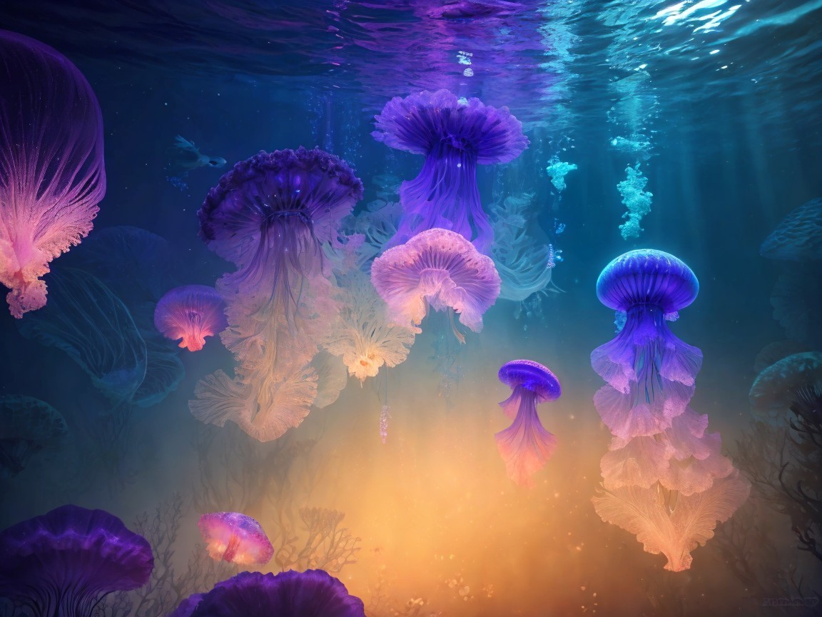Underwater Scene of Luminous Jellyfish in Deep Blue Ocean