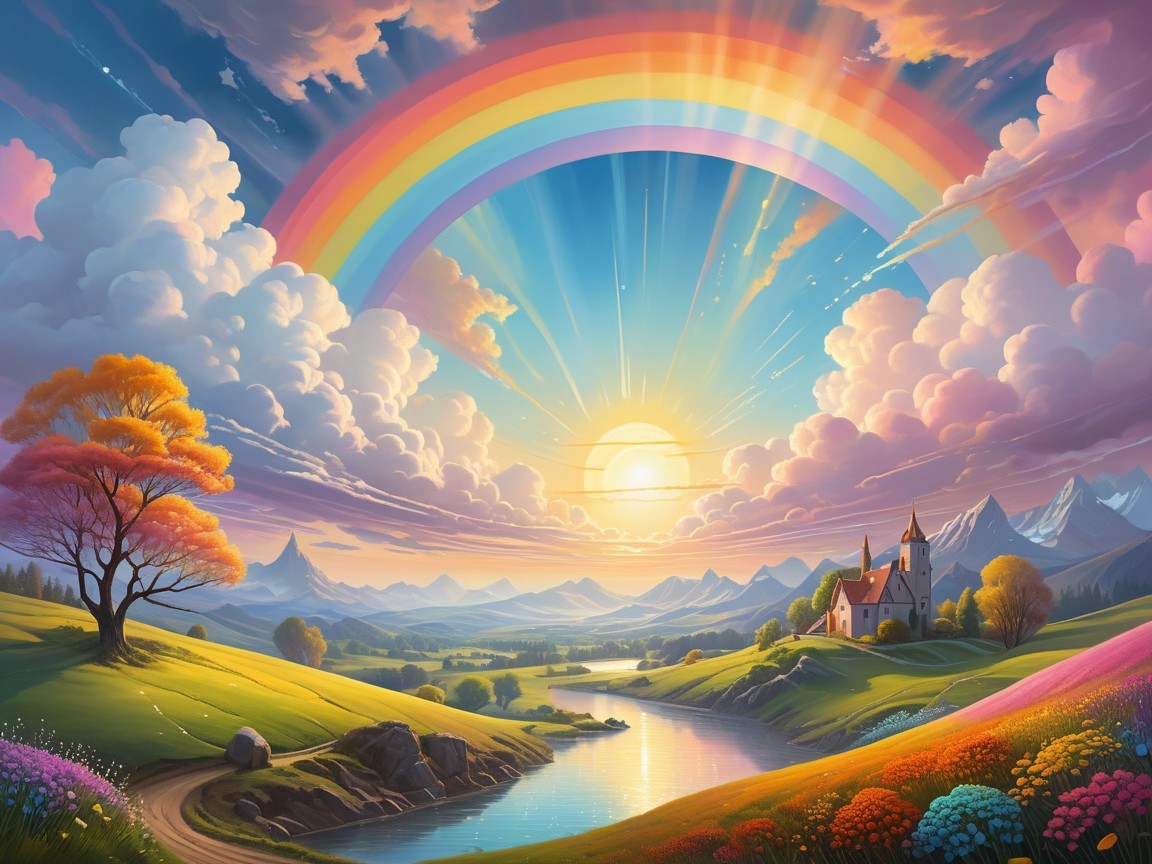 Vibrant Landscape with Castle, River, and Sunset