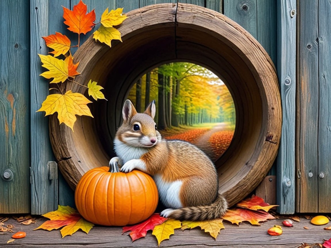 Squirrel on Pumpkin Amidst Autumn Leaves and Forest Path